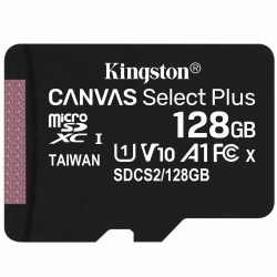 128GB Kingston Canvas Select Plus Micro SD (SDXC) Card, U1, V10, A1, 100MB/s R, 10MB/s W