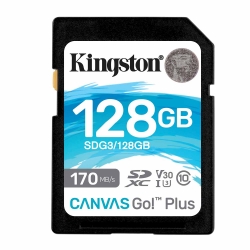 128GB Kingston Canvas Go Plus SD (SDXC) Card, U3, V30, A2, 170MB/s R, 90MB/s W