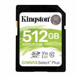 512GB Kingston Canvas Select Plus SD (SDXC) Card, U3, V30, 100MB/s R, 85MB/s W